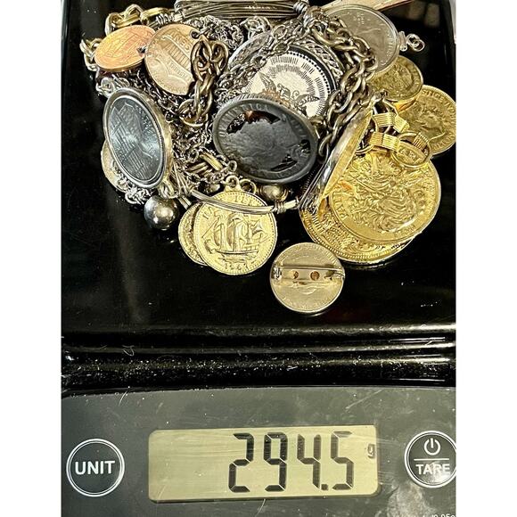 Large Mixed Metals Coin Jewelry Lot 22 Necklaces Bracelets Pendants Watch Coins - Picture 15 of 15